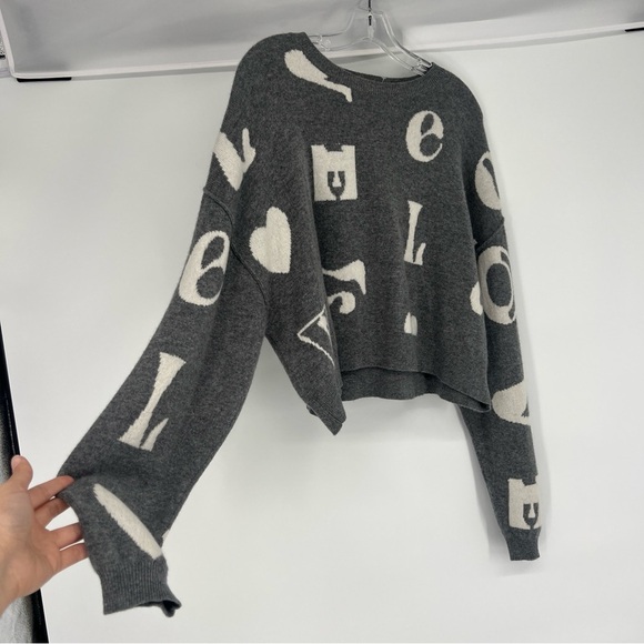 Pilcro Alani Love Print Gray Graphic 100% Cashmere Relaxed Mock Neck Sweater S - Picture 3 of 7